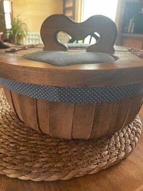 Rustic Wooden Sewing Basket with Blue Fabric Trim and Padded Top